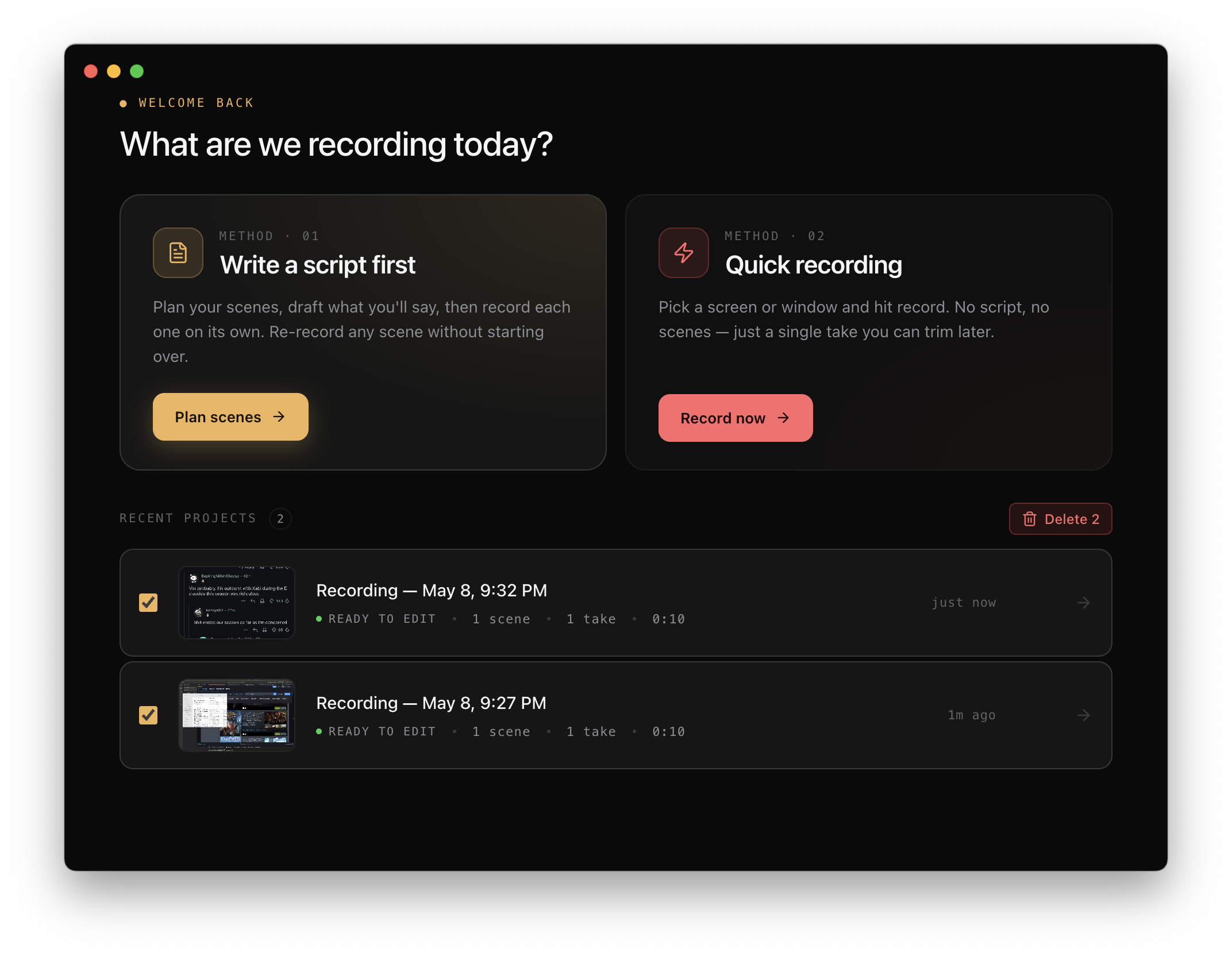 TinyRec home screen with the two method cards on top and Recent Projects below — multi-select checkboxes visible on hover