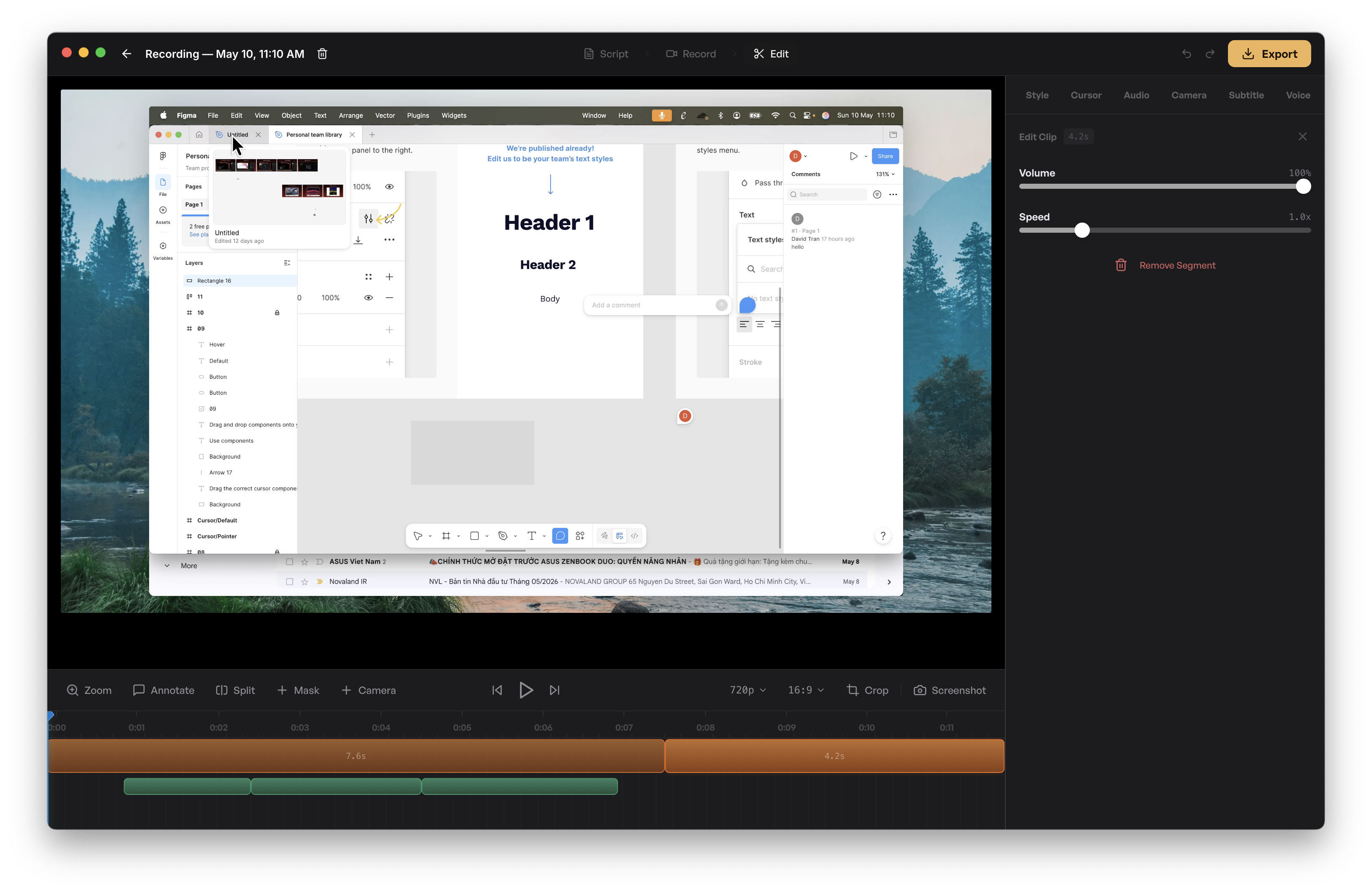 The TinyRec editor with the macOS white title bar gone — traffic lights inset over the dark canvas, project title padded clear