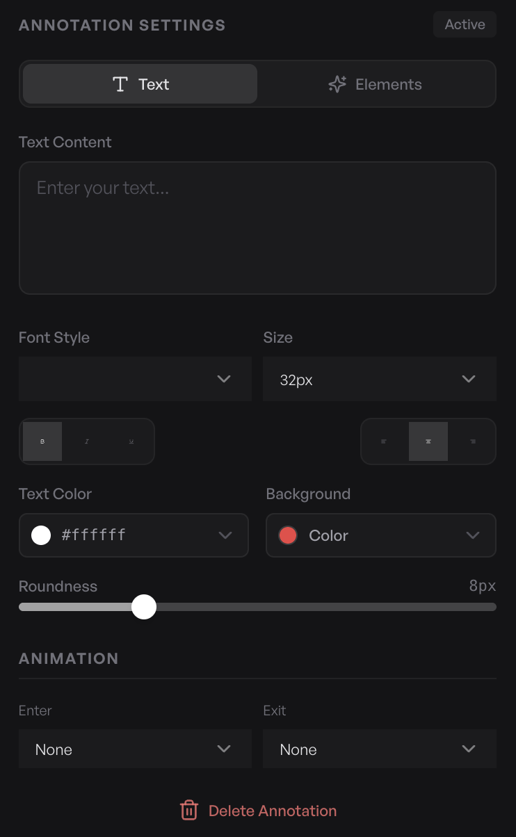 The Annotation settings panel with text, font, colour, and animation controls for the selected annotation segment
