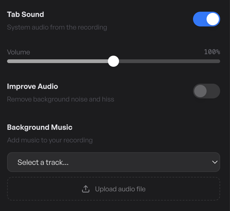 The Audio tab with mute toggles, volume sliders, noise reduction toggle, and the background music picker