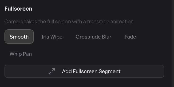 The fullscreen camera transition picker showing animation styles — smooth zoom, iris wipe, crossfade blur, fade, whip pan