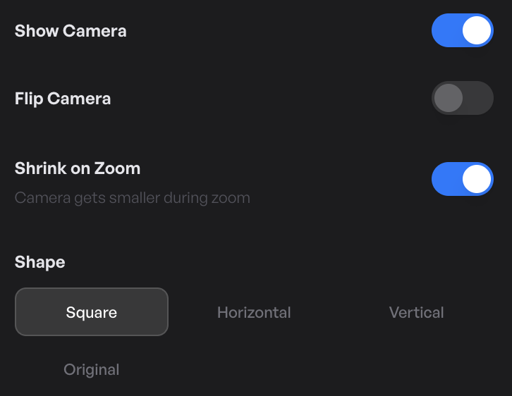 The top of the Camera tab with toggles for show/hide, flip, shrink-on-zoom, and the shape picker