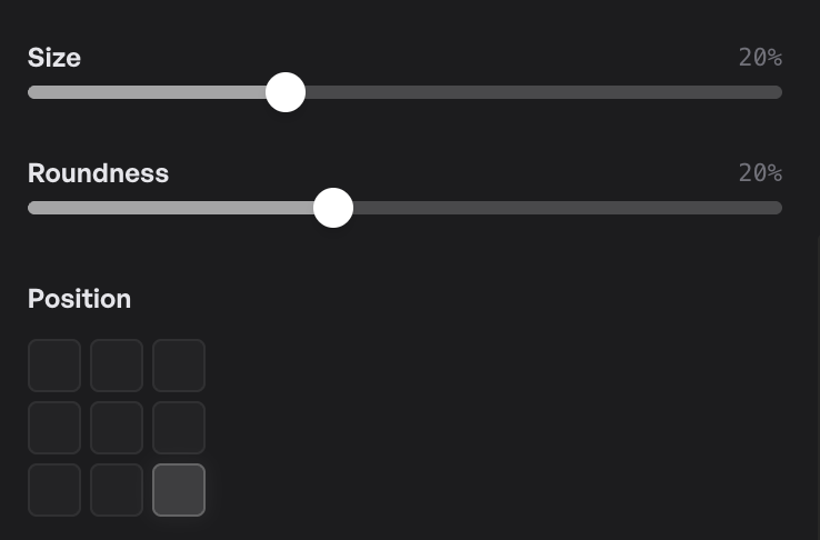 Size, corner roundness, and position controls in the Camera tab — sliders plus a 9-cell position picker