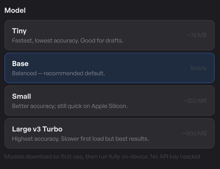 Whisper model picker with size options and a download button next to each model