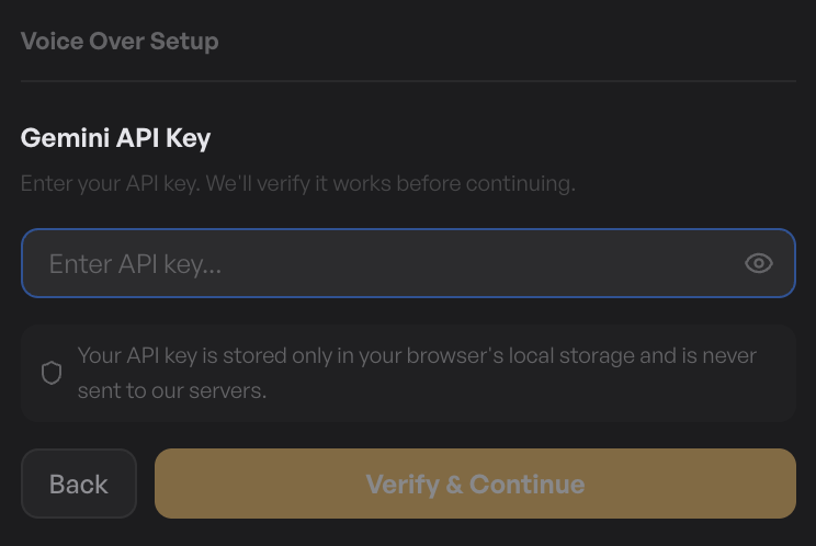 API key input field with paste, save, and verify buttons