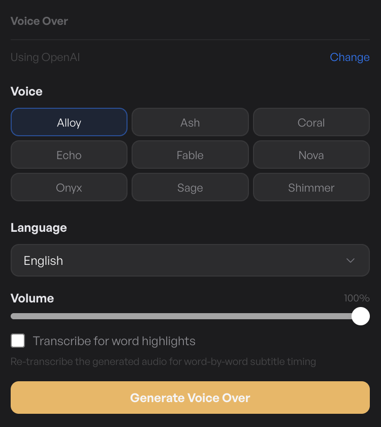 Generate Voice Over button with progress indicator showing per-segment translation and synthesis