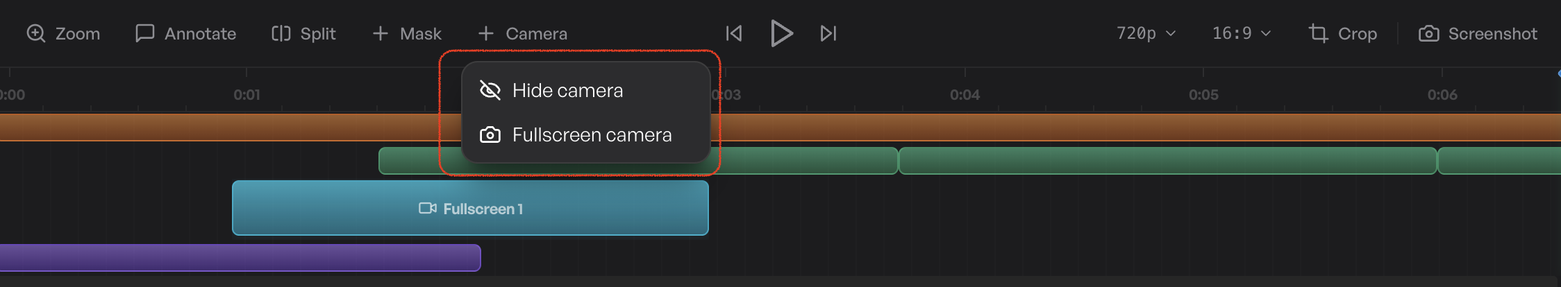Timeline toolbar with the new Camera dropdown showing Hide camera and Fullscreen camera