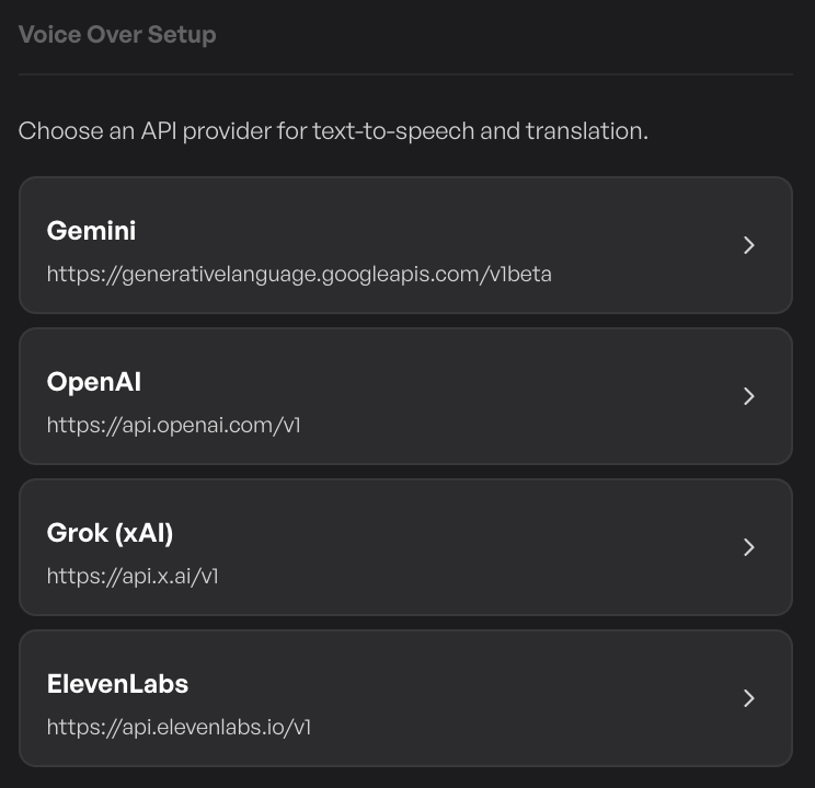 Voiceover provider picker showing Gemini, OpenAI, ElevenLabs, Replicate and Grok options