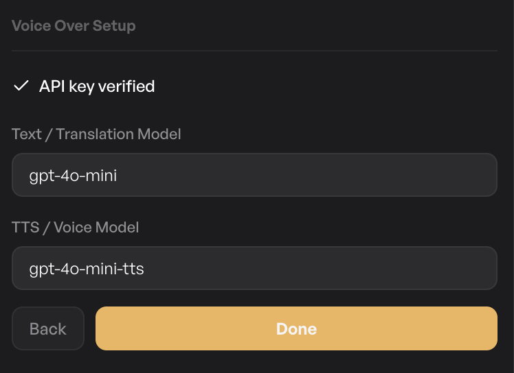 Voice model picker with model name, voice selector, and language dropdown
