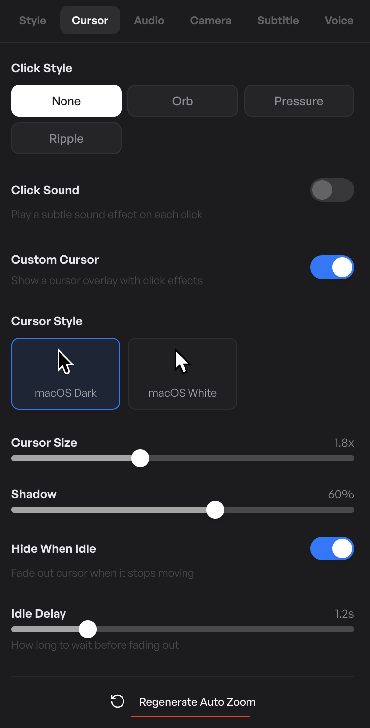 The Cursor tab with the Regenerate auto zoom button at the bottom of the panel