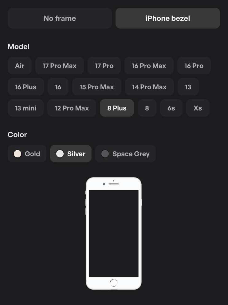 The Frame tab's model row with iPhone 17 Pro Max down through older models, the currently selected model highlighted, and a live preview thumbnail above