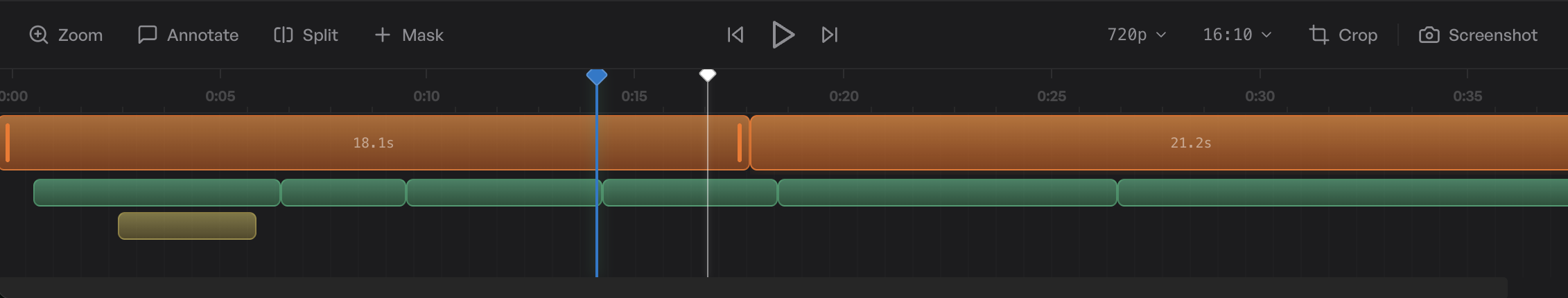 The timeline with a video segment selected, showing trim handles on each edge and a split point at the playhead