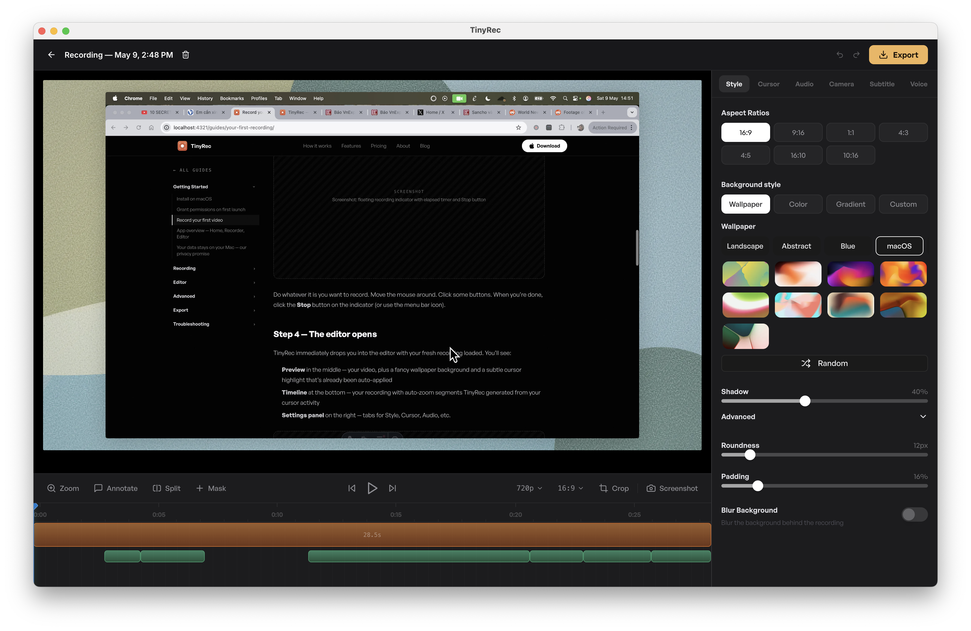 The TinyRec editor — preview canvas in the middle, timeline below, settings panel on the right