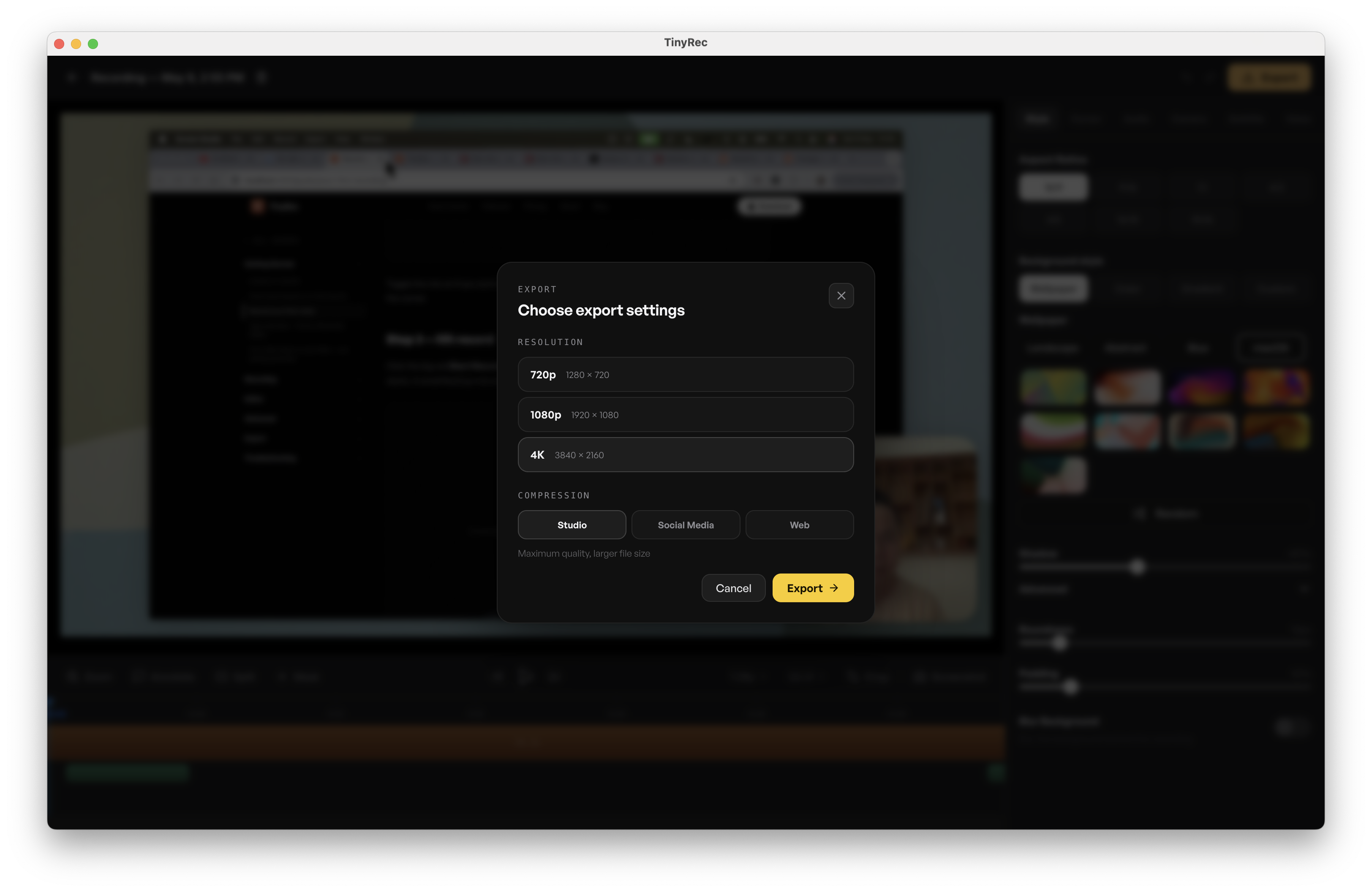 Export dialog with quality and format options