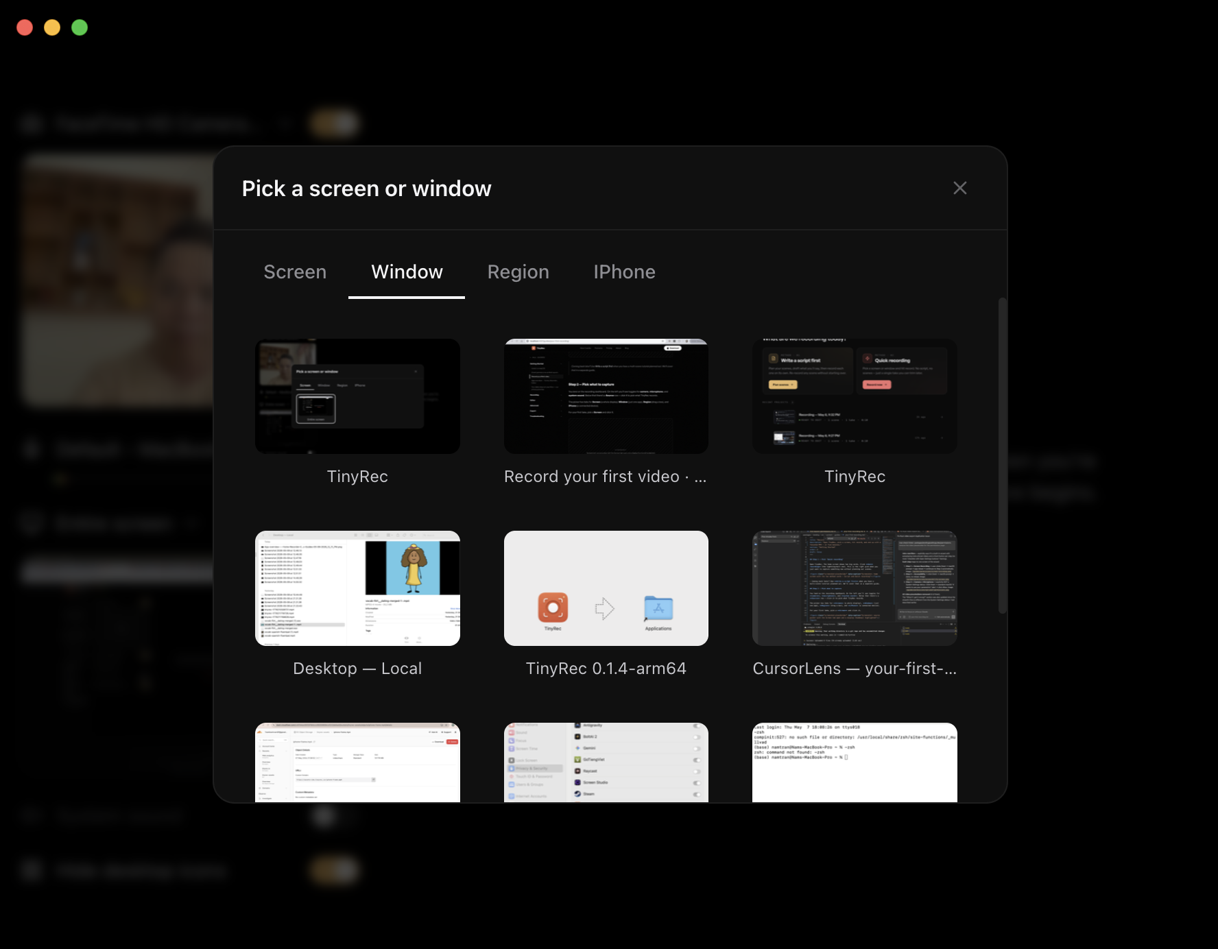 Source picker with the Screen tab open and display thumbnails to choose from