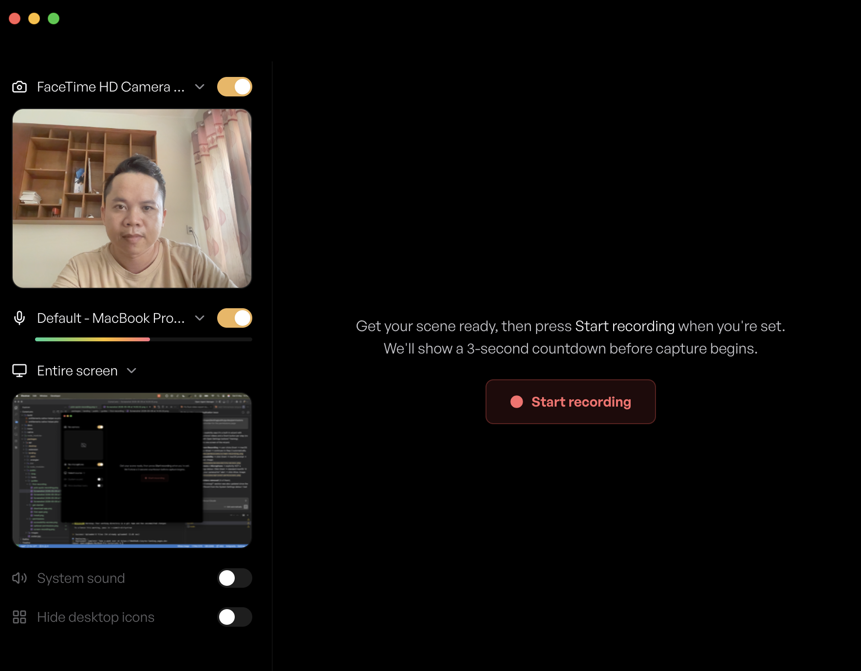 TinyRec recording dashboard — left sidebar with camera/mic/system-sound toggles, scene cards in the middle, Open Editor in the footer