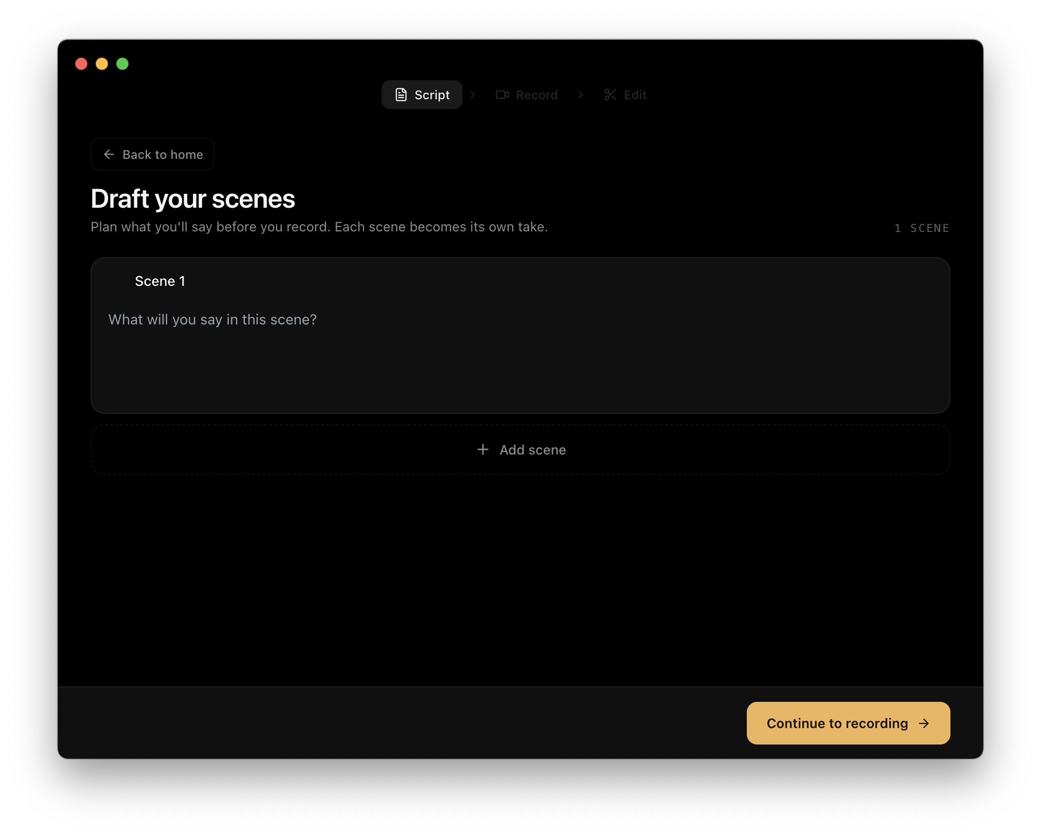 Script editor with multiple scenes drafted, ready to record one by one