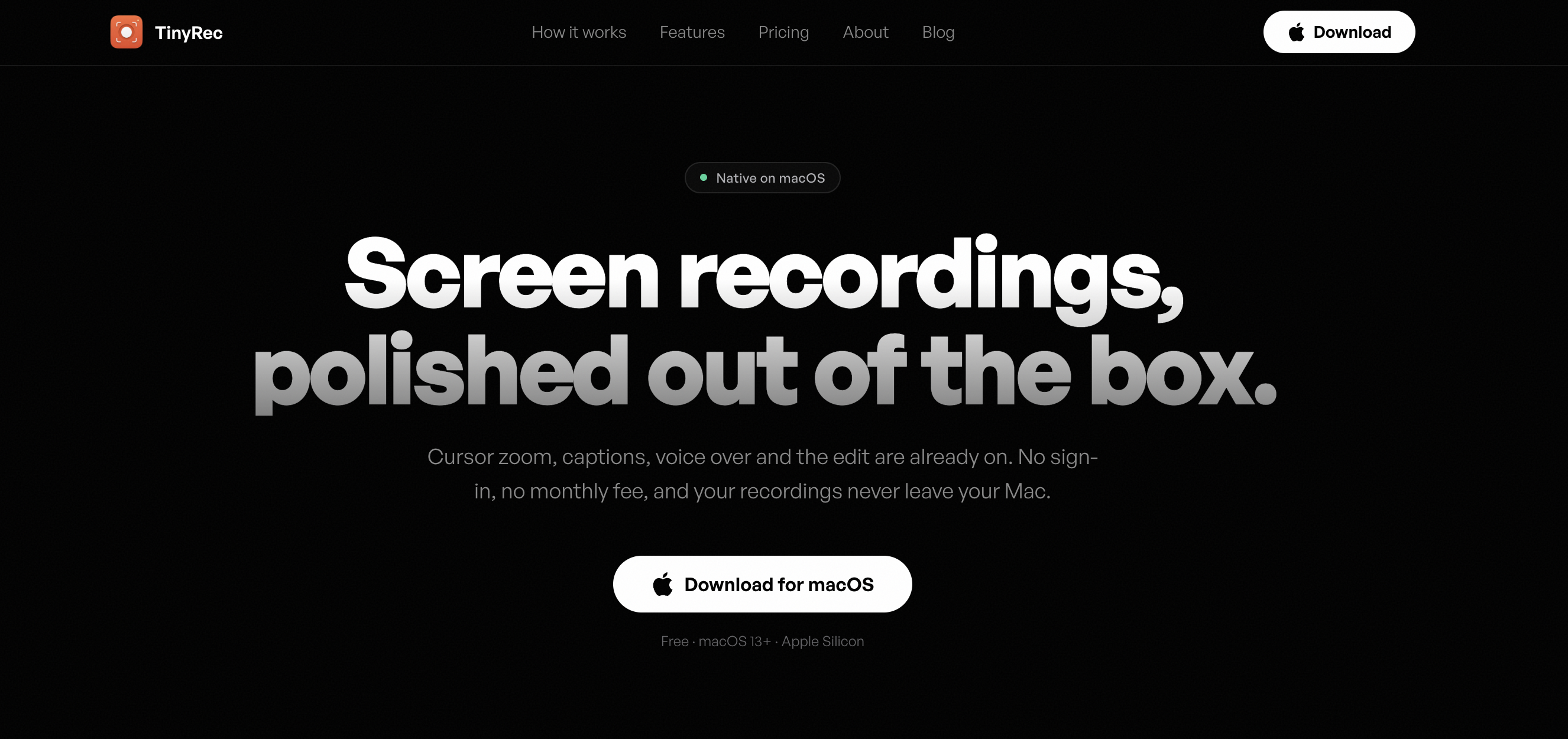 TinyRec download button on the homepage with the .dmg downloading in the browser bar