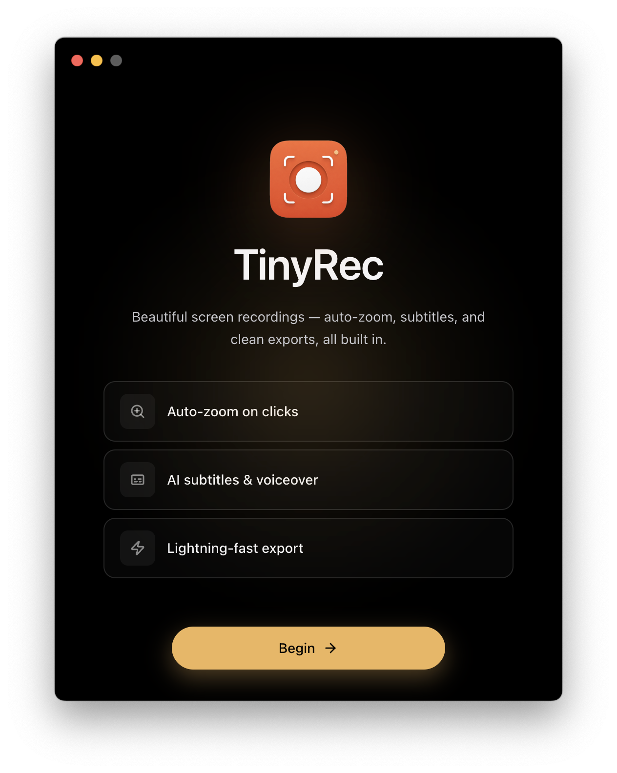 macOS first-launch dialog: 'TinyRec is an app downloaded from the Internet. Are you sure you want to open it?' with the Open button highlighted