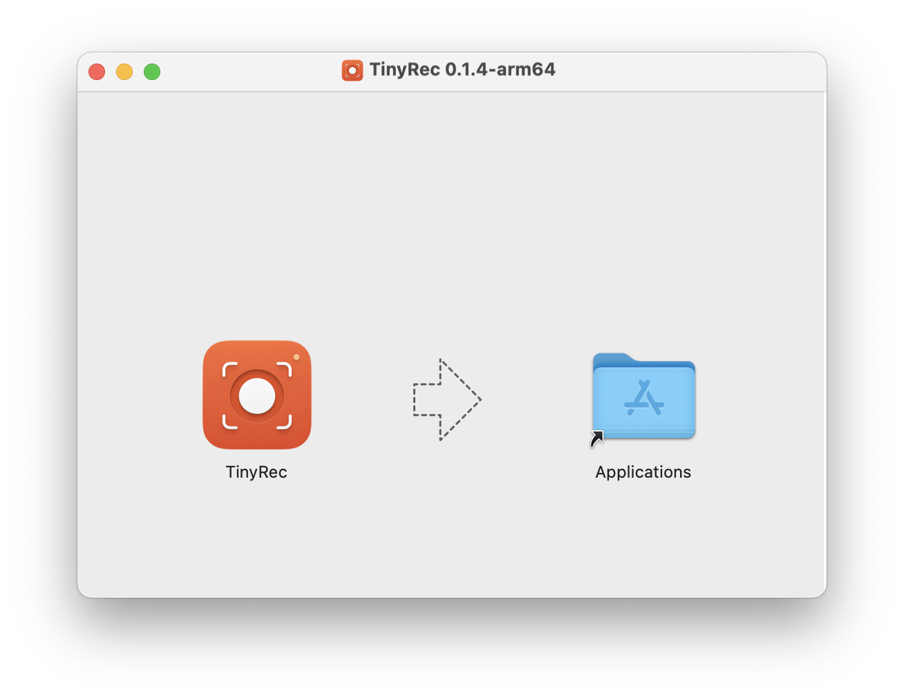 The TinyRec .dmg window with the app icon being dragged onto the Applications folder shortcut