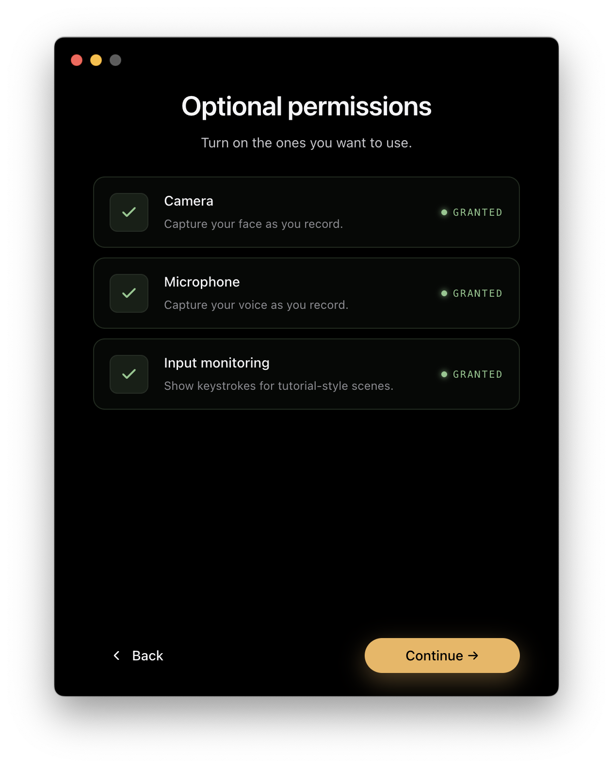 TinyRec onboarding: Camera and Microphone permission step with two Grant buttons