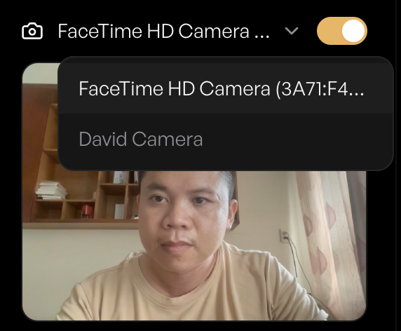Camera dropdown with the device list and a live preview thumbnail