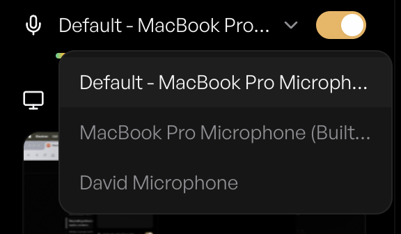 Microphone dropdown showing the device list and a live level meter