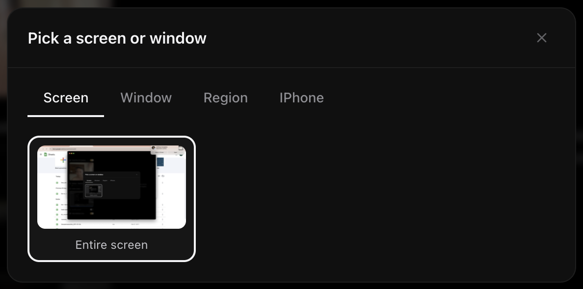Source picker with the Screen tab open and display thumbnails to choose from