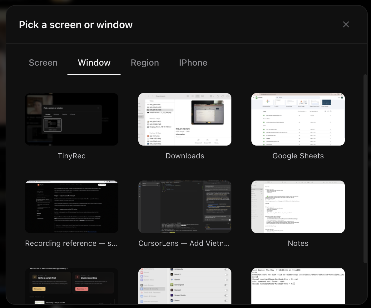 Source picker with the Window tab open and an app window selected