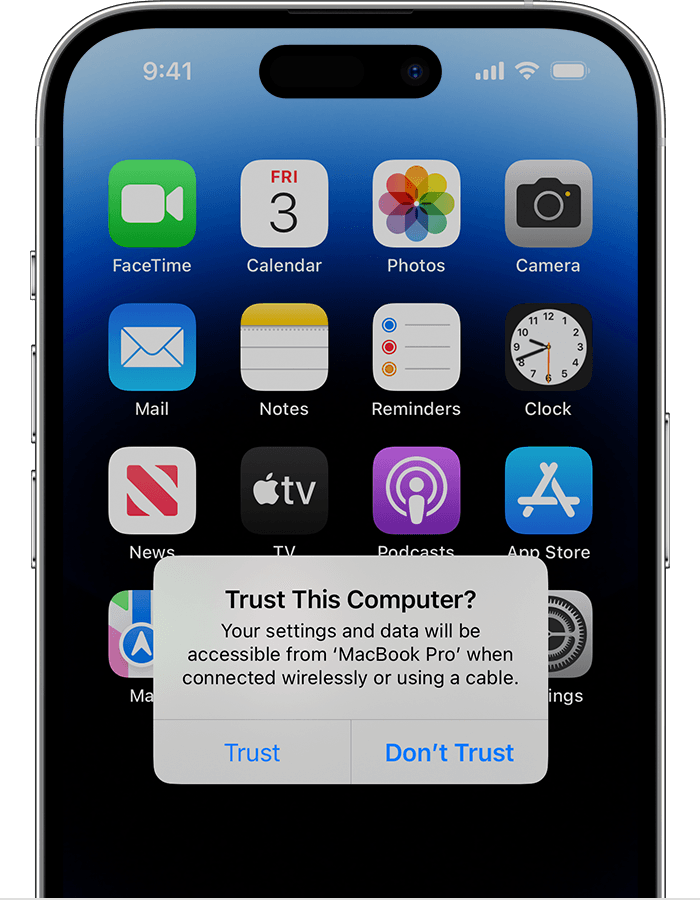 iOS Trust This Computer prompt on iPhone with Trust and Don't Trust buttons